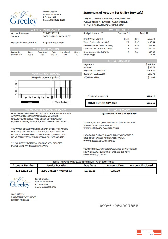 USA Colorado City of Greeley water utility bill template in Word and PDF format